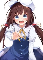 Rule 34 | 10s, 1girl, :d, ahoge, bad id, bad pixiv id, beret, blue dress, blue eyes, blush, board game, brown hair, commentary request, dolphro-kun, dress, hair ribbon, hat, head tilt, highres, hinatsuru ai, holding, layered sleeves, long hair, long sleeves, looking at viewer, low twintails, neck ribbon, open mouth, puffy short sleeves, puffy sleeves, ribbon, round teeth, ryuuou no oshigoto!, school uniform, shogi, shogi piece, short over long sleeves, short sleeves, simple background, smile, solo, teeth, twintails, upper teeth only, very long hair, white background, white hat, yellow ribbon