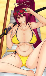Rule 34 | 1girl, beach, bikini, breasts, chair, cleavage, hair ribbon, hand on glasses, highres, katana, large breasts, legs, long hair, looking at viewer, lounge chair, navel, ponytail, red eyes, red hair, ribbon, sand, smile, solo, sunglasses, swimsuit, sword, tagme, thighs, under night in-birth, underboob, weapon, yellow bikini, yuzuriha (under night in-birth)
