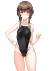 Rule 34 | 1girl, absurdres, black one-piece swimsuit, breasts, brown eyes, brown hair, competition swimsuit, covered erect nipples, gluteal fold, hair between eyes, hand on own hip, highleg, highres, kantai collection, looking at viewer, multicolored clothes, multicolored swimsuit, one-piece swimsuit, short hair, simple background, sing152, small breasts, smile, split mouth, swimsuit, taihou (kancolle), thighs, tight clothes, white background