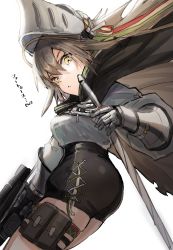 Rule 34 | 1girl, absurdres, arknights, belt, black cape, black shorts, breasts, cape, chestnut mouth, cowboy shot, fartooth (arknights), gauntlets, helmet, high-waist shorts, highres, holding, holding weapon, horn/wood, long hair, long sleeves, looking at viewer, medium breasts, puffy long sleeves, puffy sleeves, shorts, silver hair, simple background, solo, standing, thigh strap, v-shaped eyebrows, weapon, white background, yellow eyes