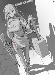 Rule 34 | 1girl, battle rifle, breasts, circle a, cleavage, cleavage cutout, clothing cutout, commentary request, full body, g3 (girls&#039; frontline), g3 (mod3) (girls&#039; frontline), girls&#039; frontline, greyscale, gun, h&amp;k g3, hair between eyes, headgear, holding, holding gun, holding weapon, large breasts, long hair, long sleeves, looking at viewer, mod3 (girls&#039; frontline), monochrome, rifle, shadow, side slit, solo, spot color, thighhighs, weapon, weapon case, zettai ryouiki