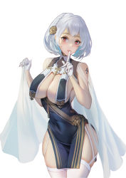 Rule 34 | 1girl, absurdres, artist request, azur lane, bad id, bad pixiv id, bare shoulders, braid, breast curtains, breasts, china dress, chinese clothes, commentary, dress, finger to mouth, garter straps, gloves, grey dress, highres, large breasts, pelvic curtain, red eyes, revealing clothes, see-through, short hair, simple background, sirius (azur lane), sirius (azure horizons) (azur lane), skindentation, sleeveless, sleeveless dress, solo, thighhighs, white gloves, white hair, white thighhighs