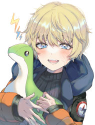 Rule 34 | 1girl, :d, animification, apex legends, black shirt, blonde hair, blue eyes, blush, commentary request, fangs, hair between eyes, highres, hood, hood down, hooded jacket, hugging object, jacket, kayanogura, lightning bolt symbol, long sleeves, looking at viewer, nessie (respawn), open mouth, orange jacket, puffy long sleeves, puffy sleeves, shirt, simple background, smile, solo, stuffed animal, stuffed dinosaur, stuffed toy, upper body, wattson (apex legends), white background
