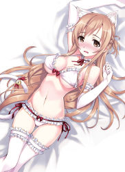 Rule 34 | 10s, 1girl, animal ears, arm up, asuna (sao), bad id, bad nicoseiga id, bell, blush, bra, breasts, brown eyes, brown hair, cat ears, cat tail, elbow gloves, frills, gloves, groin, highres, long hair, looking at viewer, lying, matsuryuu, on back, panties, solo, sword art online, tail, tail bell, tail ornament, thighhighs, underwear, underwear only
