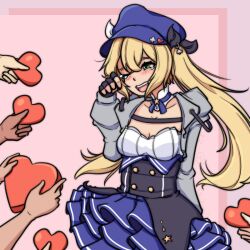 Rule 34 | 1girl, blonde hair, blue headwear, blush, choker, commentary, dokibird (vtuber), dress, english commentary, fingerless gloves, gloves, green eyes, hair between eyes, hat, heart, indie virtual youtuber, jacket, long hair, long sleeves, open mouth, pink background, ribbon, smile, starsumiaki, twintails, very long hair, virtual youtuber
