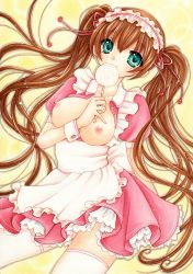 Rule 34 | 1girl, absurdres, apron, blue eyes, breasts, breasts out, brown hair, candy, female focus, food, frilled apron, frills, hairband, highres, large breasts, lolita hairband, lollipop, long hair, looking at viewer, maid, maid apron, maid headdress, marker (medium), mocomoco party, nipples, original, puffy short sleeves, puffy sleeves, short sleeves, smile, solo, swirl lollipop, thighhighs, traditional media, twintails, very long hair, white thighhighs, wrist cuffs