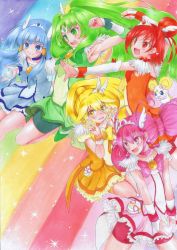 Rule 34 | 10s, 5girls, aoki reika, armpits, bike shorts, blonde hair, blue eyes, blue hair, blush, candy (smile precure!), choker, cure beauty, cure happy, cure march, cure peace, cure sunny, double v, dress, electricity, embarrassed, green eyes, green hair, grin, hair tubes, head wings, highres, hino akane (smile precure!), hoshizora miyuki, kirikirimai (kkm), kise yayoi, long hair, magical girl, midorikawa nao, multiple girls, open mouth, orange eyes, orange hair, outstretched arm, pink hair, ponytail, precure, rainbow background, short hair, skirt, smile, smile precure!, sparkle, tiara, traditional media, twintails, v, v arms, wings, wrist cuffs, yellow eyes