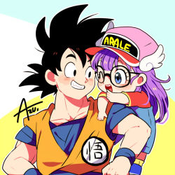 Rule 34 | 1boy, 1girl, ;d, artist name, azu (kirara310), bad id, bad pixiv id, baseball cap, black eyes, black hair, blue background, blue eyes, blush stickers, character name, creator connection, crossover, dougi, dr. slump, dragon ball, dragonball z, glasses, happy, hat, looking at viewer, norimaki arale, one eye closed, open mouth, orange background, overalls, purple hair, red shirt, shirt, short hair, simple background, smile, son goku, spiked hair, white background, winged hat, wristband