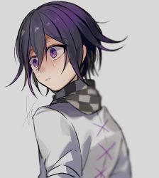 Rule 34 | 1boy, black hair, black scarf, blush, checkered clothes, checkered scarf, danganronpa (series), danganronpa v3: killing harmony, grey background, grey scarf, hair between eyes, highres, huyuharu0214, long sleeves, looking to the side, male focus, oma kokichi, parted lips, purple hair, scarf, short hair, signature, simple background, smile, solo, sweat, teeth, upper body, white background