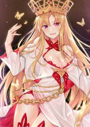 Rule 34 | 1girl, absurdres, bare shoulders, blonde hair, blush, breasts, bug, butterfly, chain, character request, cleavage, crown, dress, europa (fate), fate/grand order, fate (series), gu li, highres, insect, large breasts, long hair, long sleeves, looking at viewer, off shoulder, open mouth, purple eyes, revision, smile, solo, thighs, very long hair, white dress, yellow butterfly