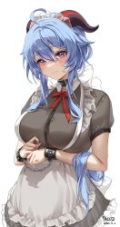 Rule 34 | 1girl, ahoge, alternate costume, apron, belt, belt collar, black belt, blue hair, blush, bound, bound wrists, bow, bowtie, breasts, chain, closed mouth, collar, cuffs, dated, dress, enmaided, fingernails, frilled apron, frilled dress, frilled hairband, frills, ganyu (genshin impact), genshin impact, goat horns, gradient eyes, grey dress, hair between eyes, hairband, highres, horns, large breasts, long fingernails, long hair, maid, maid apron, maid headdress, multicolored eyes, purple eyes, raised eyebrows, red bow, red bowtie, red ribbon, ribbon, see-through, shackles, short sleeves, signature, simple background, solo, tacco (tikeworld), white apron, white background