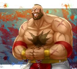 1boy armband artist_name bara beard bracelet brown_eyes brown_hair chest_hair clenched_hands clenched_teeth cross_scar facial_hair highres jewelry k_macchina male_focus mohawk muscular muscular_male own_hands_together pectorals red_armband scar scar_on_arm scar_on_shoulder short_hair solo street_fighter street_fighter_6 teeth very_short_hair zangief