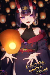 Rule 34 | 1girl, absurdres, bare shoulders, bob cut, breasts, eyeliner, fangs, fate/grand order, fate (series), headpiece, highres, horns, izanaware game, lantern, looking at viewer, makeup, oni, open mouth, paper lantern, purple eyes, purple hair, short hair, shuten douji (fate), skin-covered horns, small breasts, smile, solo