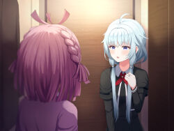 Rule 34 | 2girls, :o, ahoge, black dress, black jacket, blue hair, blunt ends, blurry, braid, collared dress, cropped jacket, cross tie, daito academy school uniform, dress, elevator, facing another, from behind, hand up, highres, indoors, jacket, jewelry, layered sleeves, light blue hair, light blush, long sleeves, looking at another, low-tied sidelocks, magia record: mahou shoujo madoka magica gaiden, mahou shoujo madoka magica, mizuna girls&#039; academy school uniform, multiple girls, necktie, purple hair, purple shirt, red necktie, ring, sarasa hanna, school uniform, sena mikoto, shirt, short hair, short over long sleeves, short sleeves, side braids, sidelocks, suzugahama, teeth, upper body, upper teeth only, wooden wall