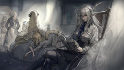 Rule 34 | 5girls, alternate costume, animal ears, arknights, bed, bird, blemishine (arknights), blonde hair, blue bird, book, breast pocket, casual, chair, commentary, crossed legs, curtains, demon horns, english commentary, grey hair, hands on own hips, holding, holding book, horns, horse ears, horse girl, horse tail, long hair, long sleeves, looking at another, lying, multiple girls, muted color, nearl (arknights), nightingale (arknights), on bed, on stomach, open book, pocket, pointy ears, ponytail, reading, ryuuzaki ichi, shining (arknights), short sleeves, siblings, sisters, sitting, tail, very long hair, whislash (arknights)
