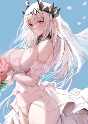 Rule 34 | 1girl, absurdres, arknights, bare shoulders, blush, bouquet, breasts, bridal lingerie, bridal veil, bride, dress, elbow gloves, flower, gloves, hair ornament, highres, holding, holding bouquet, horns, huge breasts, kokihanada, large breasts, lingerie, long hair, looking at viewer, mudrock (arknights), panties, pointy ears, red eyes, see-through, smile, solo, underwear, veil, wedding dress, white hair, white panties