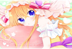 Rule 34 | 1girl, bonnet, dress, ensemble girls!, highres, hiyoseri, hoshiumi koyoi, long hair, looking at viewer, multicolored clothes, multicolored dress, off-shoulder dress, off shoulder, open mouth, orange hair, purple eyes, red ribbon, ribbon, short sleeves, solo, white dress, yellow dress