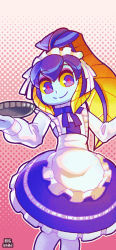 Rule 34 | absurdres, apron, blue eyes, blue hair, bow, bowtie, carrying, colored sclera, cowboy shot, dotted background, dress, fins, fish girl, highres, maid, maid apron, maid headdress, minette (skullgirls), pantyhose, pink background, plate, ponytail, puffy sleeves, red pupils, skullgirls, smile, yellow sclera