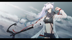 Rule 34 | 1girl, animal ears, arknights, arrow (projectile), bare shoulders, black scarf, black shorts, bow (weapon), breasts, cat ears, cloud, cloudy sky, commentary, cowboy shot, crop top, crossbow, flatbox, highres, holding, holding crossbow, holding weapon, jacket, letterboxed, long hair, long sleeves, looking at viewer, medium breasts, midriff, navel, open clothes, open jacket, outdoors, ponytail, scarf, schwarz (arknights), short shorts, shorts, sky, solo, standing, stomach, very long hair, weapon, white hair, white jacket, yellow eyes