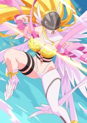 Rule 34 | 1girl, absurdres, angel, angel girl, angel wings, angewomon, attack, bow (weapon), covered eyes, digimon, helmet, highres, holding, holding weapon, long hair, mask, revealing clothes, sky, very long hair, weapon, wide hips, wings