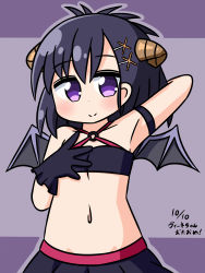 Rule 34 | 1girl, armpits, bare shoulders, black gloves, black hair, black skirt, black wings, blush, breasts, cleavage, closed mouth, commentary request, crop top, curled horns, dated, demon girl, demon horns, demon wings, gabriel dropout, gloves, hair between eyes, hair ornament, hairclip, hallelujah essaim, hana kazari, hand up, highres, horns, long hair, looking at viewer, navel, outline, pleated skirt, purple background, purple eyes, purple outline, skirt, small breasts, smile, solo, translation request, two-tone background, vignette tsukinose april, wings, x hair ornament