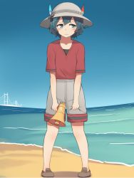 Rule 34 | 10s, 1girl, beach, blue eyes, blue hair, blush, bridge, brown footwear, bucket hat, closed mouth, clothes grab, collarbone, commentary, day, full body, hair between eyes, hat, hat feather, hatafuta, highres, holding, japari symbol print, kaban (kemono friends), kemono friends, legs apart, looking away, megaphone, outdoors, red shirt, shirt, shoes, short sleeves, shorts, sky, solo, standing, water