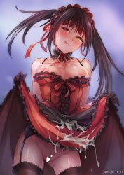 Rule 34 | 1girl, :p, :q, bad id, bad pixiv id, bare shoulders, black gloves, black legwear, black neckwear, blush, breasts, breasts out, censored, cleft of venus, closed mouth, clothes lift, contrapposto, cum, cum on clothes, date a live, dress, dress lift, facial, frilled dress, frills, garter belt, gloves, gluteal fold, groin, hairband, head tilt, heart, heart censor, heterochromia, highres, lifted by self, lips, lolita fashion, lolita hairband, long hair, looking at viewer, medium breasts, naughty face, neck garter, nipples, no panties, pussy, pussy juice, rebe11, red dress, red eyes, shiny skin, sleeveless, sleeveless dress, smile, solo, standing, tokisaki kurumi, tongue, tongue out, twintails, twitter username, yellow eyes