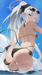 Rule 34 | 1girl, absurdres, alternate hairstyle, ass, ass grab, back, bad id, bad pixiv id, bikini, black bikini, black ribbon, blue archive, blue sky, breasts, closed mouth, cloud, commentary, day, demon tail, from behind, from below, glaring, grabbing own ass, grey hair, hair ribbon, halo, halterneck, highres, iori (blue archive), iori (swimsuit) (blue archive), long hair, looking at viewer, looking back, multi-strapped bikini bottom, outdoors, pointy ears, ponytail, red eyes, ribbon, sadan1317, side-tie bikini bottom, sky, small breasts, solo, sunglasses, swimsuit, symbol-only commentary, tail, thigh strap, thighs, v-shaped eyebrows, very long hair, wading, water
