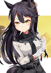 Rule 34 | 1girl, animal ears, bandaid, bandaid on face, bandaid on nose, belt, black belt, black hair, black sailor collar, commentary request, cosplay, gloves, highres, horse ears, kantai collection, long hair, long sleeves, looking at viewer, narita brian (umamusume), sailor collar, shirt, solo, tail, umamusume, very long hair, white gloves, white shirt, yahagi (kancolle), yahagi (kancolle) (cosplay), yasume yukito, yellow eyes