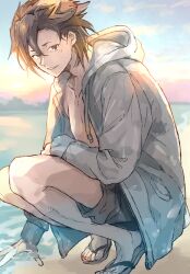 Rule 34 | 1boy, beach, black shorts, brown eyes, brown hair, collarbone, fate/grand order, fate (series), hair between eyes, hood, hooded jacket, jacket, male focus, mandricardo (fate), multicolored hair, open clothes, open jacket, parted lips, sandals, shore, short hair, shorts, solo, squatting, streaked hair, toenails, tumikilondon5, white jacket