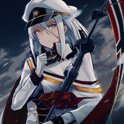 Rule 34 | 1girl, absurdres, azur lane, blue eyes, breasts, capelet, choker, closed mouth, cloud, cloudy sky, commentary request, commission, cross, cross earrings, earrings, flag, gloves, hair between eyes, hand up, hat, highres, holding, holding pole, jacket, jewelry, long hair, military, military hat, military uniform, official art, outdoors, peaked cap, pole, rain, septoleaf, sidelocks, silver hair, sky, solo, tirpitz (azur lane), tsurime, uniform, white gloves