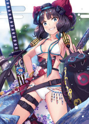 Rule 34 | 1girl, animal, bare arms, bare shoulders, bikini, blue eyes, blurry, blurry background, blush, breasts, commentary request, depth of field, egasumi, fate/grand order, fate (series), floral print, goggles, goggles on head, grin, hair ornament, hand on own hip, head tilt, katana, katsushika hokusai (fate), katsushika hokusai (swimsuit saber) (fate), long hair, looking at viewer, low twintails, medium breasts, octopus, purple hair, renka (renkas), sheath, smile, swimsuit, sword, tokitarou (fate), twintails, v-shaped eyebrows, very long hair, water, weapon, white bikini