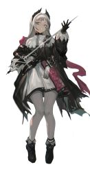 Rule 34 | 1girl, absurdres, arknights, black footwear, black gloves, black jacket, black shirt, capelet, chinese commentary, chong (547342983), commentary request, full body, gloves, grey eyes, grey pantyhose, head wings, highres, holding, holding sword, holding weapon, irene (arknights), jacket, long hair, long sleeves, looking at viewer, miniskirt, open clothes, open jacket, pantyhose, parted lips, rapier, scar, scar across eye, shirt, shoes, simple background, skirt, solo, sword, weapon, white background, white capelet, white hair, white skirt, wings