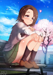 Rule 34 | 1girl, ass, blush, breasts, brown eyes, brown hair, cherry blossoms, closed mouth, covered erect nipples, girls und panzer, highres, large breasts, megadeko, miniskirt, ooarai school uniform, outdoors, sawa azusa, school uniform, short hair, skirt, smile, solo, tree