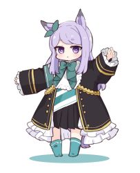 Rule 34 | 1girl, age regression, aged down, animal ears, black jacket, black skirt, blue socks, blush, bow, colored shadow, commentary request, ear ribbon, frilled jacket, frilled sleeves, frills, full body, green bow, green ribbon, highres, horse ears, horse girl, horse tail, jacket, long hair, long sleeves, looking at viewer, nozo (hitomiz), oversized clothes, parted lips, pleated skirt, purple eyes, purple hair, ribbon, shadow, short eyebrows, skirt, sleeves past wrists, socks, solo, standing, tail, thick eyebrows, umamusume, very long hair, white background