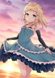 Rule 34 | 1girl, arata (xin), bare shoulders, black bra, black bullet, black sleeves, blonde hair, blue dress, blue eyes, blush, bra, breasts, clothes lift, commentary request, detached sleeves, dress, dress lift, frills, hair ornament, hairclip, highres, lifted by self, long hair, looking at viewer, outdoors, small breasts, smile, solo, sunset, tina sprout, two-tone dress, underwear, x hair ornament