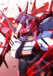 Rule 34 | glowing, glowing eyes, gundam, highres, horns, kuri giepi, looking down, mecha, mecha request, mobile suit, no humans, red eyes, robot, science fiction, single horn, solo, upper body