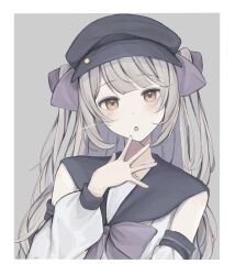 Rule 34 | 1girl, artist name, black hat, black sailor collar, border, bow, bowtie, cabbie hat, commentary, detached sleeves, english commentary, english text, grey background, grey hair, hair ribbon, hat, head tilt, highres, long hair, long sleeves, looking at viewer, niaa, open mouth, original, puffy sleeves, purple bow, purple bowtie, purple ribbon, ribbon, sailor collar, shirt, simple background, sleeveless, sleeveless shirt, solo, two side up, upper body, white border, white shirt