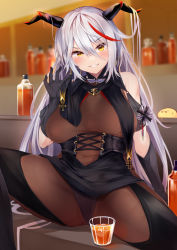 Rule 34 | 1girl, aegir (azur lane), alcohol, azur lane, bare shoulders, black gloves, black legwear, blurry, blush, bodysuit, breasts, clothing cutout, commentary, covered navel, depth of field, drink, gloves, hair between eyes, highres, horns, irohara, jewelry, large breasts, long hair, looking at viewer, multicolored hair, parted lips, red hair, shoulder cutout, silver hair, sitting, smile, spread legs, streaked hair, thighs, yellow eyes