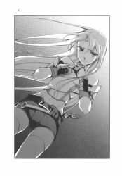 Rule 34 | 1girl, closed mouth, densetsu no yuusha no densetsu, dutch angle, ferris eris, fingerless gloves, floating hair, from below, gloves, greyscale, groin, hair between eyes, highres, long hair, midriff, monochrome, navel, novel illustration, official art, page number, scan, short shorts, shorts, solo, stomach, thighhighs, toyota saori, very long hair, zettai ryouiki