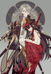 Rule 34 | 1boy, 1girl, armor, black hair, blood, blood on clothes, blood on face, brown hair, carrying, clothed male nude female, crossover, empty eyes, fate (series), gloves, hat, heshikiri hasebe, instocklee, japanese armor, katana, koha-ace, nude, oda nobunaga (fate), oda nobunaga (koha-ace), purple eyes, red eyes, shako cap, sheath, sheathed, shoulder armor, smile, sode, sword, touken ranbu, weapon, white gloves