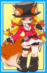 Rule 34 | 1girl, alternate costume, animal ears, bad id, bad pixiv id, bike shorts, bike shorts under skirt, blonde hair, blue eyes, boots, bow, braid, breasts, cammy white, chibi, cleavage, fingerless gloves, flag print, fox ears, fox tail, full body, gloves, hair bow, kemonomimi mode, knee boots, long hair, neckerchief, pigeon-toed, r (waru), scar, shorts, shorts under skirt, skirt, solo, standing, street fighter, street fighter iv (series), tail, twin braids, union jack