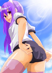 Rule 34 | 1girl, :p, adjusting buruma, adjusting clothes, alternate costume, animal ears, ass, bad id, bad pixiv id, buruma, extra ears, female focus, from below, gym uniform, lens flare, long hair, looking back, outdoors, pink thighhighs, purple hair, rabbit ears, red eyes, reisen udongein inaba, sky, solo, tanaka kaibun, thighhighs, tongue, tongue out, touhou