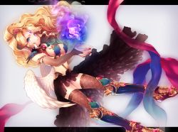 Rule 34 | 1girl, angel wings, armor, black thighhighs, blonde hair, blue eyes, boots, breasts, bridal gauntlets, cleavage, fire, fishnet thighhighs, fishnets, forehead jewel, gloves, greaves, hair ornament, jewelry, letterboxed, long hair, looking at viewer, magic, medium breasts, momoshiki tsubaki, multicolored eyes, nail polish, navel, original, ponytail, purple eyes, purple fire, ribbon, shoulder pads, simple background, skirt, solo, thighhighs, tiara, white wings, wings