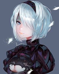 Rule 34 | 1girl, android, black dress, black hairband, blue eyes, breasts, cleavage cutout, closed mouth, clothing cutout, dress, hair over eyes, hairband, highres, juliet sleeves, long sleeves, medium breasts, mole, mole under mouth, nier, nier:automata, nier (series), puffy sleeves, short hair, silver hair, smile, solo, 2b (nier:automata)