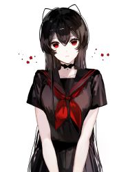 Rule 34 | 1girl, bad id, bad pixiv id, black hair, black sailor collar, black skirt, bow, choker, closed mouth, collarbone, commentary, eyelashes, hair between eyes, highres, long hair, looking at viewer, naru (ul), original, pleated skirt, red eyes, sailor collar, school uniform, serafuku, short sleeves, simple background, skirt, solo, symbol-only commentary, very long hair, white background