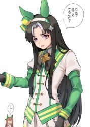 Rule 34 | 2girls, animal ears, black gloves, black hair, brown hair, closed jacket, commentary, cosplay, ear covers, fukuro (maruaru00), furrowed brow, genderswap, genderswap (mtf), gloves, green eyes, green jacket, green sailor collar, grey hair, hair intakes, hair ornament, hairband, highres, horse ears, horse girl, jacket, long hair, long sleeves, multicolored clothes, multicolored hair, multicolored jacket, multiple girls, original, personification, pleated skirt, purple eyes, red jacket, sailor collar, sidelocks, silence suzuka (umamusume), silence suzuka (umamusume) (cosplay), skirt, solo focus, speech bubble, stay gold (racehorse), striped clothes, striped hairband, tearing up, tracen training uniform, track jacket, translation request, two-tone hair, two-tone jacket, umamusume, uneven eyes, upper body, very long hair, white hairband, white jacket, white skirt