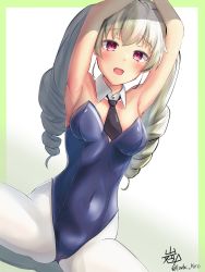 Rule 34 | 1girl, anchovy (girls und panzer), armpits, arms up, artist name, bare arms, bare shoulders, black necktie, blue leotard, border, breasts, cameltoe, commentary, covered navel, detached collar, drill hair, girls und panzer, green border, green eyes, highleg, highleg leotard, highres, iwabuchi501, leotard, long hair, medium breasts, necktie, open mouth, pantyhose, playboy bunny, red eyes, shadow, simple background, sitting, solo, spread legs, strapless, strapless leotard, teeth, thighs, twin drills, twintails, two-tone background, upper teeth only, white pantyhose, wide hips