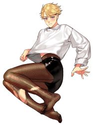 Rule 34 | 1girl, bad id, bad twitter id, blonde hair, blush, clenched hand, closed mouth, ensemble stars!, female focus, fishnet pantyhose, fishnets, highres, long sleeves, lying, narukami arashi, on side, pantyhose, purple eyes, shirt, short hair, solo, torn clothes, torn pantyhose, white shirt