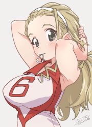Rule 34 | 1girl, adjusting hair, arms behind head, artist name, blonde hair, brown eyes, closed mouth, commentary, dated, fanta (the banana pistols), girls und panzer, grey background, hair pulled back, hair tie in mouth, hairband, hands in hair, highres, long hair, looking at viewer, mouth hold, ponytail, red shirt, sasaki akebi, shirt, signature, simple background, sleeveless, sleeveless shirt, smile, solo, sportswear, volleyball uniform, white hairband